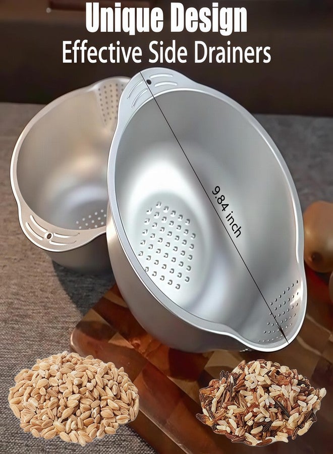 DOPMEP Rice Washer Strainer Bowl, Stainless Steel Washing Bowl for Rinsing Quinoa, Side Drainers Colander for Cleaning Fruits, Vegetables, and Beans - Versatile Kitchen Gadgets, 25X21X13 Cm, Silver - Image 2
